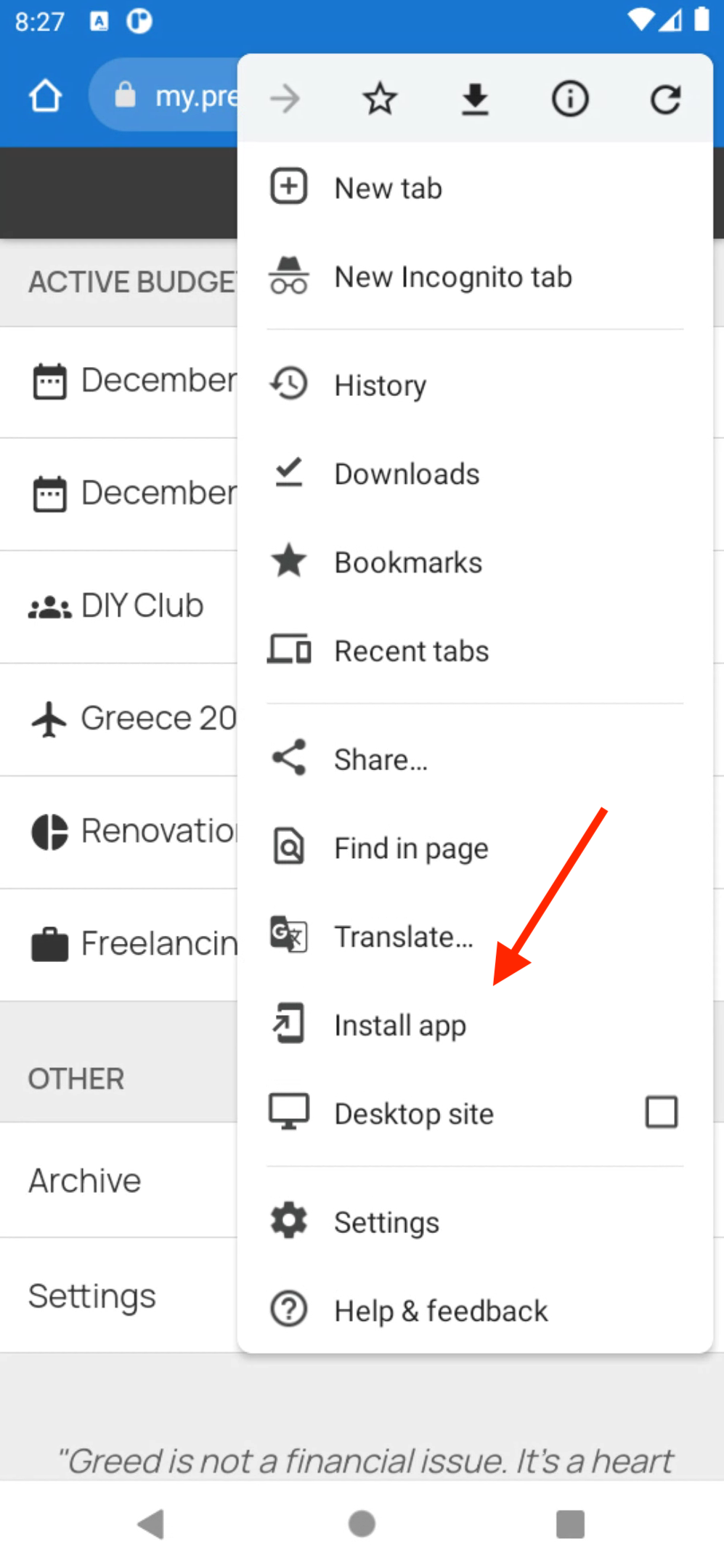 Select 'Install app' from Chrome Menu Bar